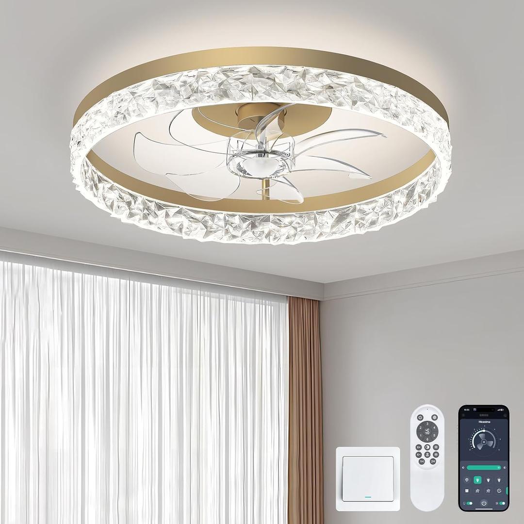 Flush Mount Golden Ceiling Fans with Lights Low Profile and Remote 20 Inch Smart Modern Led Lights for Bedroom Kids Room Garage and Living Room