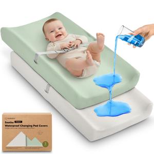 2-Pack Waterproof Changing Pad Covers Boy, Girl  32x16 Soft Cotton Baby Changing Table Cover, Wipeable Diaper Change Pad Sheets, Contour Baby Diaper Change Mat Liner for Dresser, Nursery (Sage)