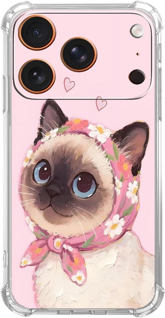 Adorable Pink Case for iPhone 17 Pro Max,Sweet Looking Siamese Cat,Trendy Cool Soft TPU Bumper Cover for iPhone 17 Pro Max