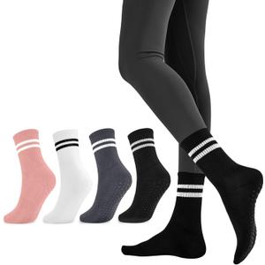 Pilates Socks with Grips for Women Long Non-Slip Yoga Grippy Socks for BarreBalletDance & HospitalAnti-Skid Workou (5.5-10, Black/White/Grey/Pink)