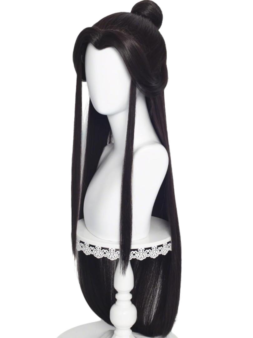 Half and Half Xie Lian Cosplay Wig Long Straight Black Brown Anime Wig with Bun 31.5'' Synthetic Hair for Men Women Halloween Party Daily