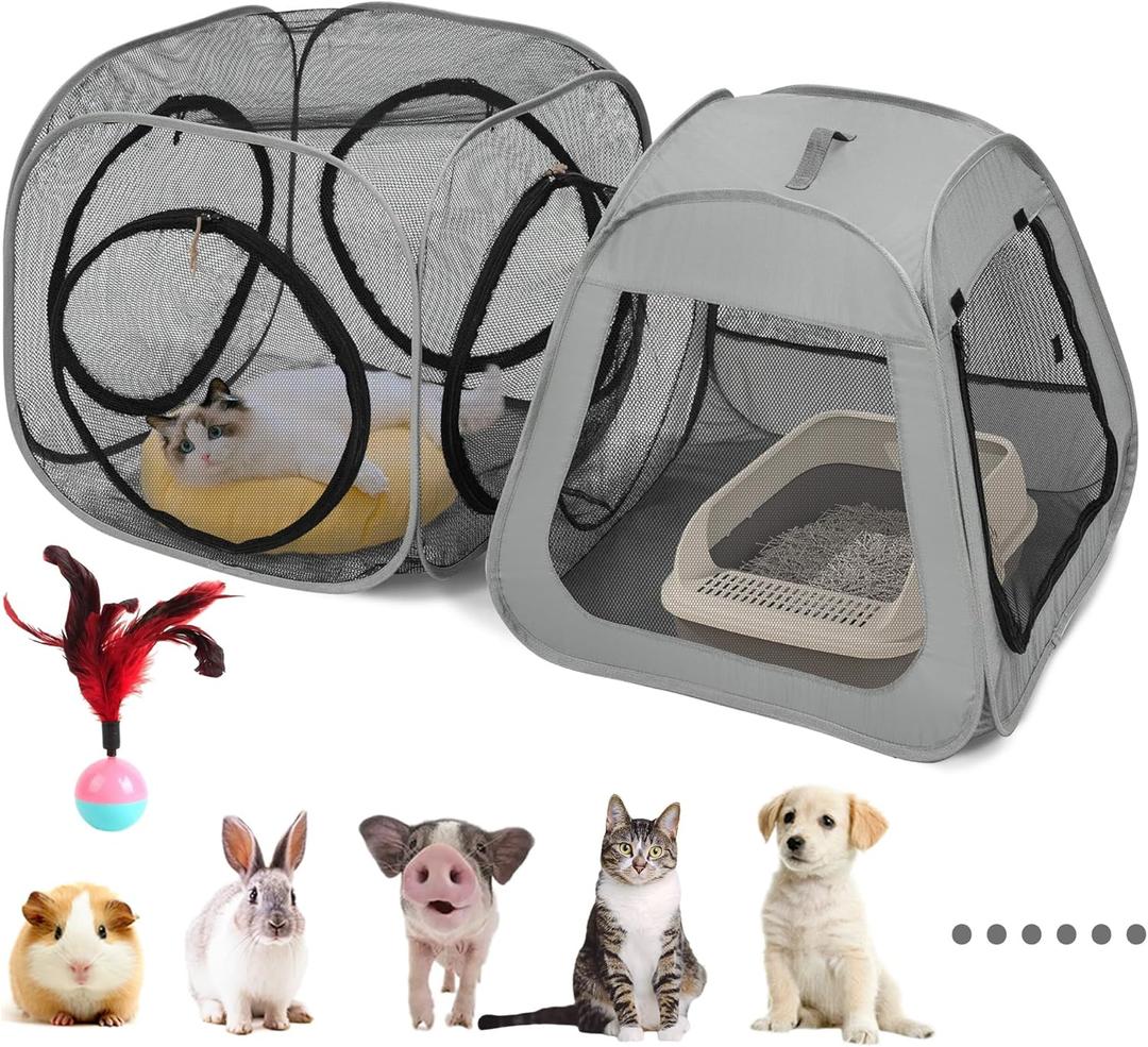 Portable Cat Playpen, Trapezoidal Design for Better Standing, Foldable Pet Tent for Indoor and Outdoor Use of Kitten and Puppy, Dog Play Enclosure with Removable Bottom, Cat Houses & Condos (Black-Cube all Mesh)