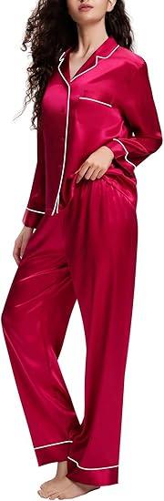 Lonxu Silk Satin Womens Pajama Sets Button Down Sleepwear Loungewear, Size: L