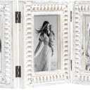 MODE HOME Whitewashed Folding 3 Picture Frame 4x6, Wooden Triple 4 x 6 Picture Frame for Tabletop Display, Farmhouse Picture Frames with Hinged Design, Family Photo Frame 4x6, White