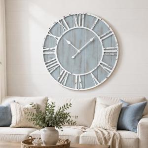 Quelay 30 Inch Coastal Wall Clock, Blue Farmhouse Vintage Wooden Clock with Roman Numerals, Quiet Ticking Battery Operated, Rustic Retro Decorative for Living Room Kitchen Office Home Decor
