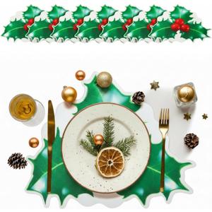 Remerry 6 Pcs Christmas Placemats Leather Triple Leaf Holly Berries Place Mats Washable Non-Slip Seasonal Winter Table Mats for Christmas Decoration Kitchen Dining Table Holiday Party