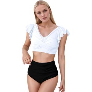 2PCS Swimsuits for Women 2025 Womens High Waisted Bathing Suits Tummy Control Ruffles Bikini Sets Criss Cross Ruched Swimwear (Black, L)