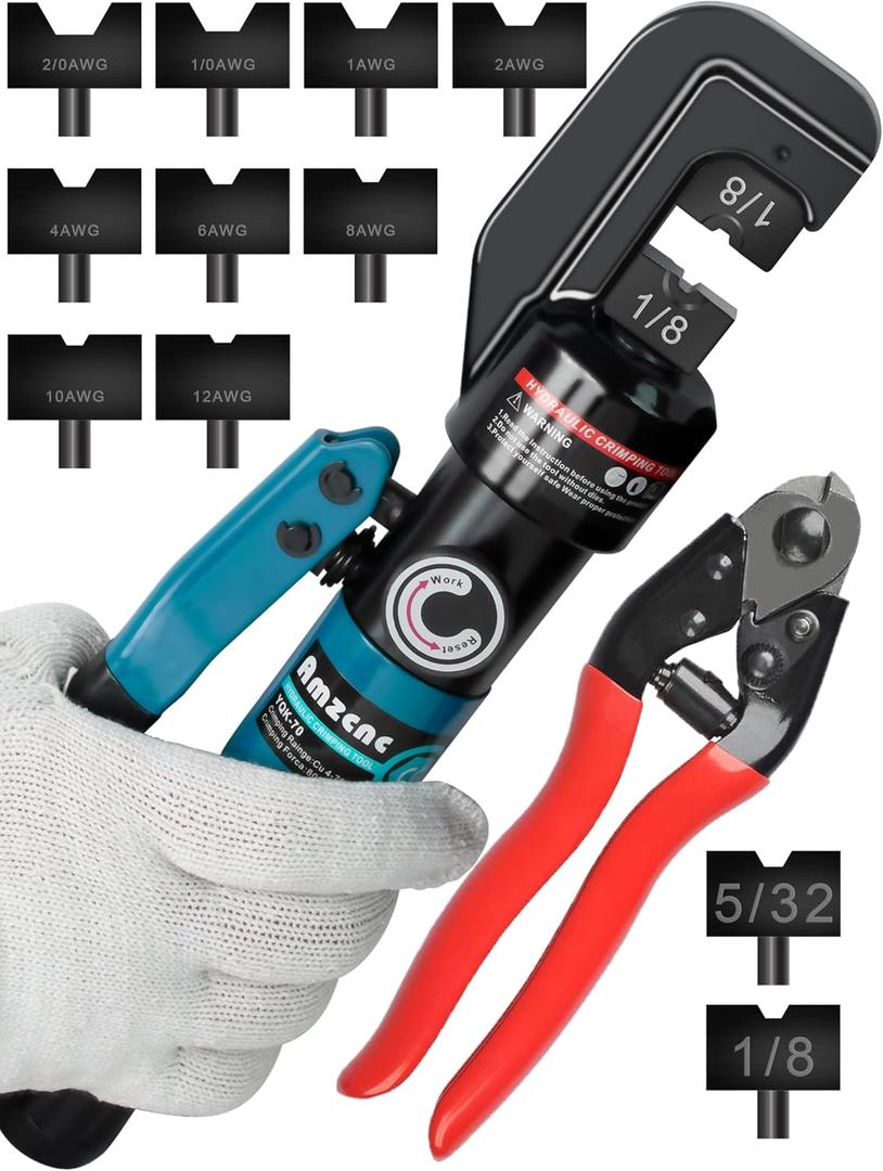 AMZCNC Hydraulic Crimping Tool Kit - with 9 US Standard Copper Cable Dies (12AWG to 2/0AWG), 2 Stainless Steel Wire Rope Dies for 1/8" and 5/32" and 5/32" Stainless Steel Cable Cutt AMZCNC Hydraulic Crimping Tool Kit - with 9 US Standard Copper Cable Dies (12AWG to 2/0AWG), 2 Stainless Steel Wire Rope Dies for 1/8" and 5/32" and 5/32" Stainless Steel Cable Cutt