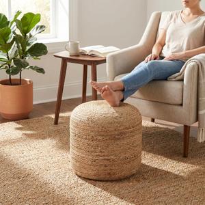 Palisa Natural Jute Pouf Ottoman 16 X 18Inch | Handwoven Round Boho Floor Pouf for Living Room Decor | Lightweight Decorative Footrest Accent Stool for Bedroom Nursery & Apartment