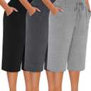 Neer 3 Pack Women's Plus Size Cotton Capris, Stretchy Wide Leg Cropped Pants with Pockets Fit Loose Lounge Pajama Sweatpants (X-Large, Black, Light Mix Gray, Dark Mix Gray)