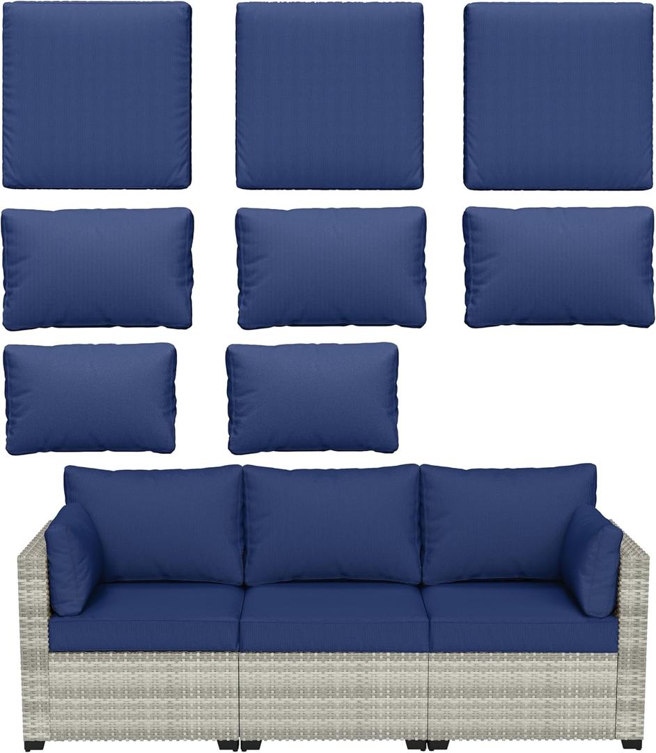 8 pcs Outdoor Cushion Slipcovers Outdoor Patio Cushions Covers Replacement Waterproof with Zipper w/3 Seat Cushion Covers and 5 Backrest Pillow Covers, Covers Only (Blue)