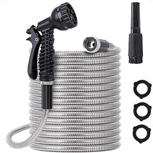 304 Stainless Steel Metal Garden Hose 50ft with Female to Male Connector,Heavy Duty Hose with Nozzles for Yard,Lightweight Metal Garden Hoses