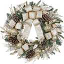 24 inch Champagne Christmas Door Wreath with Bow, Pine Wreaths for Front Door with Golden Ball Leaf Stems Pinecones Berries for Fireplace Xmas Decorations, Wall Window Indoor Outdoor Decor
