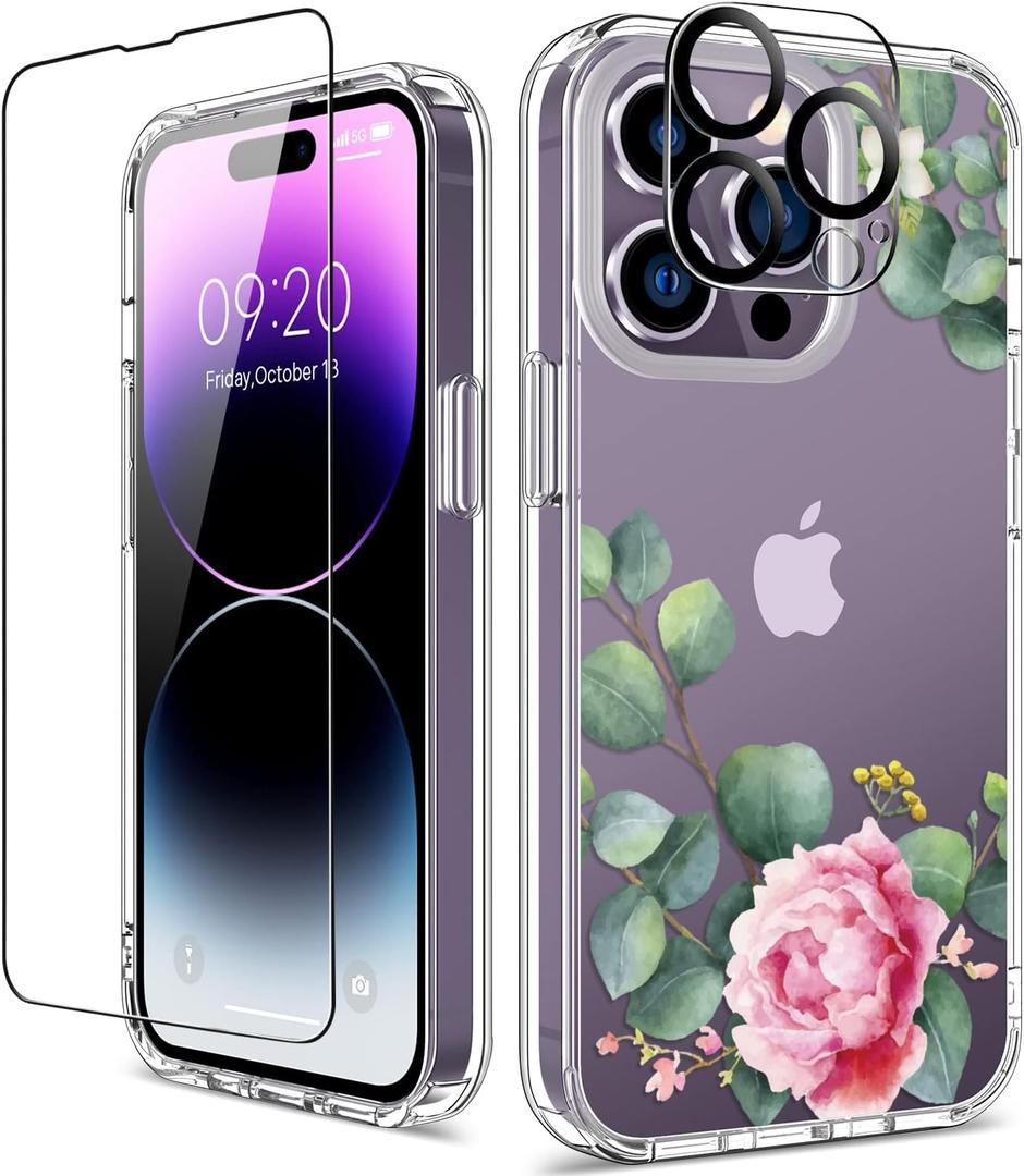 GiiKa for iPhone 14 Pro Case with Screen Protector, 6.1" Clear Full Body Shockproof Protective Floral Girls Women Hard Case with TPU Bumper Cover Phone Case for iPhone 14 Pro, Camellia