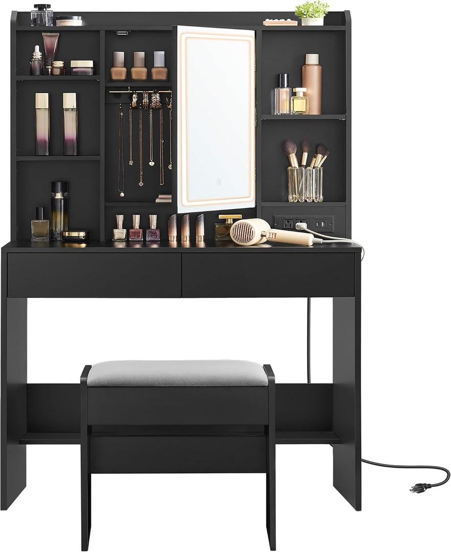 VASAGLE Vanity Desk with Mirror and Lights, 35.4-Inch Wide, with Stool, 35.4"W x 56.9"H With Stool
