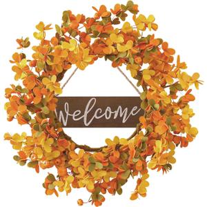 VioletEverGarden Fall Wreaths for Front Door 20 Inch Autumn Wreath Artificial Thanksgiving Wreath with Welcome Wooden Brand and Pumpkins for Indoor & Outdoor Farmhouse Harvest Celebration