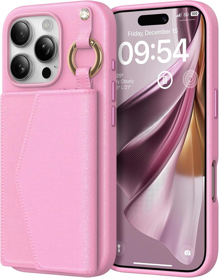 2 x TAURI for iPhone 16 Pro Case, Removable Magnetic Wallet Case with Card Holder, [Compatible with MagSafe] Durable PU Leather Phone Case with Wireless Charging, Pink