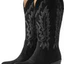 IUV Suede Cowboy Boots For Women Chunky Heel Pointed Toe Cowgirl Boots Mid Calf Western Embroidery fall Boot, Size: 8