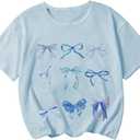 Girl's Bow Graphic Tees Crew Neck Short Sleeve Summer T Shirts Preppy Cute Clothes for Girls (Blue)