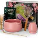 Nucookery Matcha Whisk Set - 5 Pcs Matcha Set with 18oz Ceramic Matcha Bowl (Chawan) with Spout, Bamboo Whisk & Holder, Scoop and Sifter | Complete Matcha Kit for Japanese Tea Ceremony (Pink) (Blossom-Kiln Blush)