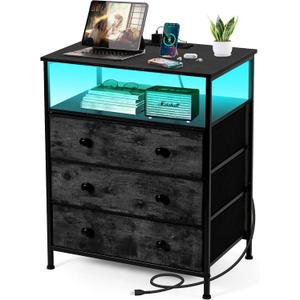 3 Drawers Dresser with Charging Station, 24 Inch Wide LED Night Stand with Adjustable Fabric Drawer, Nightstand with Storage Shelf for Living Room/Bedroom/Office, Black.