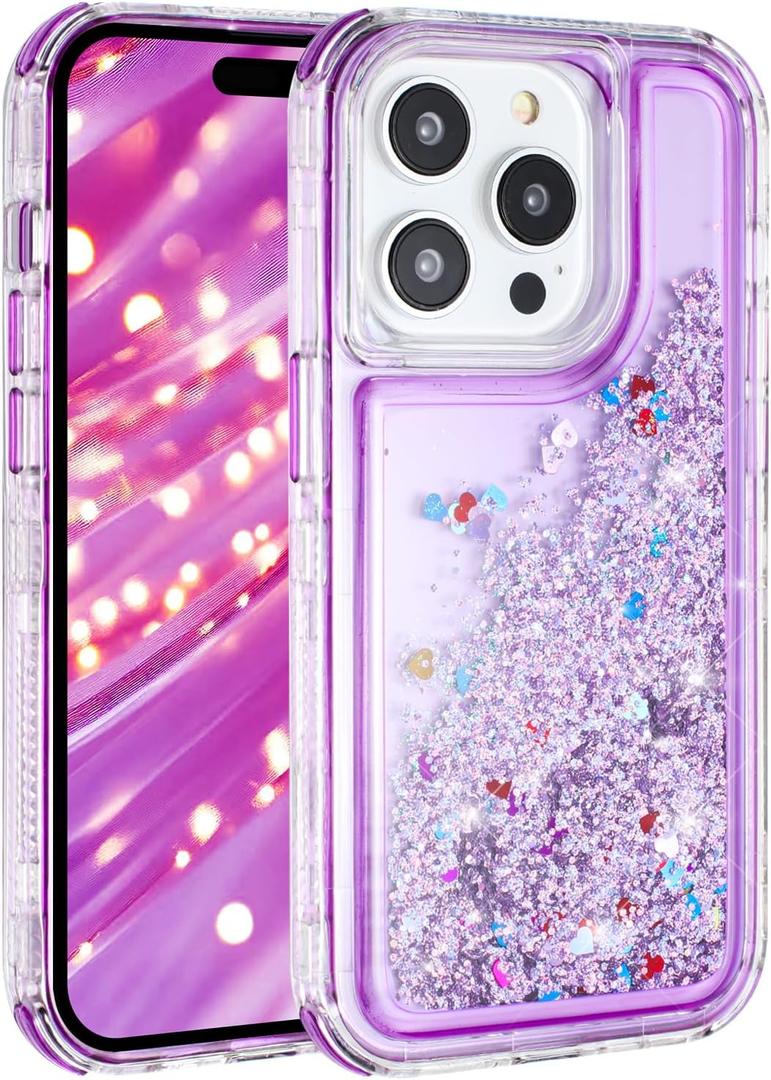 Tikoo Designed for iPhone 14 Pro Case Glitter for Women Girl Clear 3-in-1 Heavy Duty Protective Phone Cover with Floating Liquid Quicksand Bling Sparkly Cute Case for iPhone 14 Pro (Purple)
