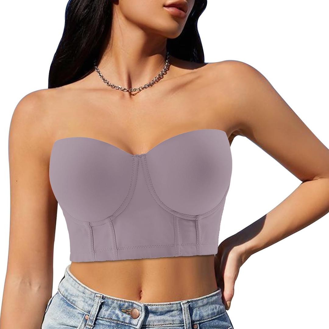 Women Longline Strapless Push Up Full Coverage Underwire Deep Cup Smoothing Bra (Sea Fog)