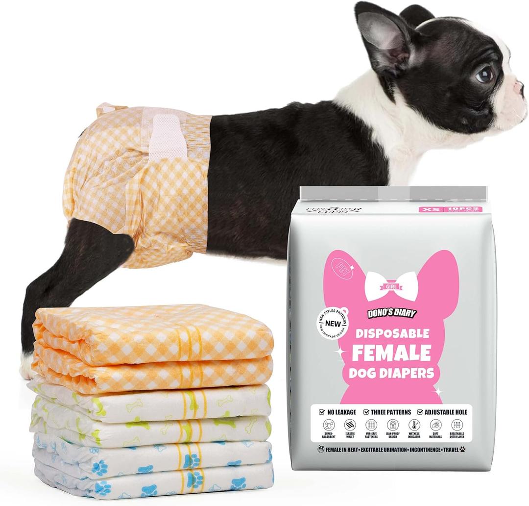 Dono Dog and Cat Diapers Female-60PCS, Disposable Female Dog Period Diaper for Heat with Wetness Indicator, Super Absorbent Doggie Puppy Diapers Female for XXS,Small Medium Large Dogs (XS(8-14 inch)