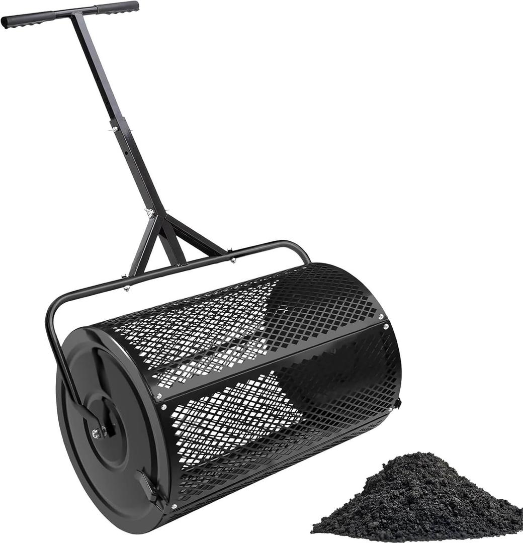 Compost Spreader. Peat Moss Spreader 24" Roller Lawn Spreader with Height Adjustable T Shaped Handle, Steel Mesh Basket Garden Spreader with Side Latches, for Spreading Manure Topsoil, Black S