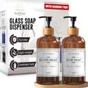 Sunrise Premium 16 OZ Thick Amber Glass Soap Dispenser, Bamboo Pump with Tray 2 Pack, Hand and Dish Soap Dispenser Set for Bathroom with 6 Waterproof Labels