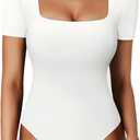 LYANER Women's Square Neck Bodysuit Short Sleeve Sexy Slim Fit Shirt Leotard Top, Size M (White)