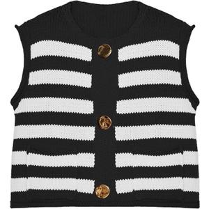 Locachy Women's Gold Button Down Striped Sweater Vests Crew Neck Sleeveless Knit Crop Tank Tops Black XL
