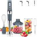 Cordless Immersion Blender, 4-in-1 Rechargeable Electric Hand Blender, 21-Speeds & 3-Angle Adjustable with 700ml Chopper, 700ml Beaker, Egg Whisk and Beater for Smoothies, Soup, Baby Food (Grey)