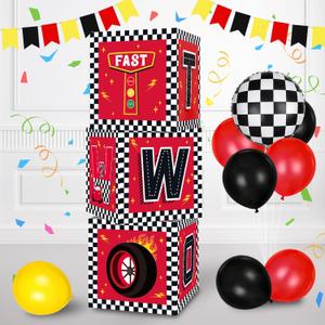 TONIFUL Race Car 2nd Birthday Party Supplies Red Yellow Black Balloon Box with Letters，Fast Two Theme Two Years Old Birthday Party Favors for Kids Baby Shower Second Birthday Decoration