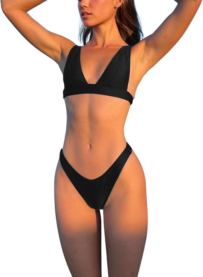 Hatant Bikini Sets for Women Two Piece Swimsuit V Neck Push Up Triangle Top with High Waisted Shorts Bathing Suit Beachwear Fashion Sports Bikini Sets Black-M