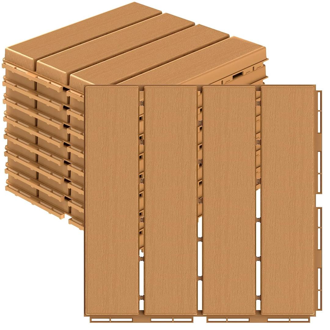 Goovilla Plastic Interlocking Deck Tiles, 9 Pack Balcony Flooring, 12"x12" Waterproof Outdoor Flooring All Weather Use, Patio Floor Decking Tiles for Porch Poolside Backyard Concrete, Dark Khaki