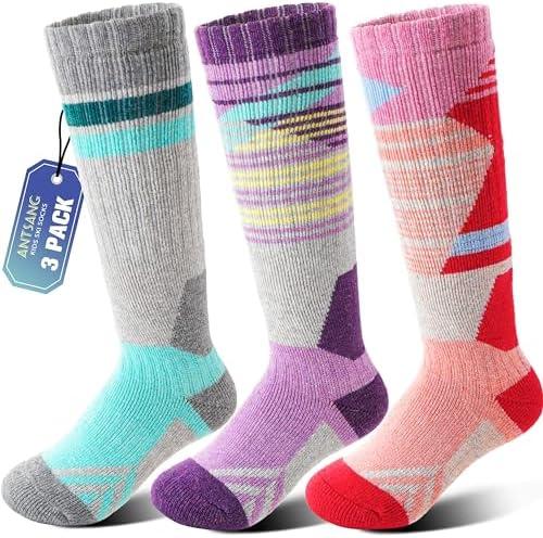 ANTSANG Kids Merino Wool Ski Socks 2 Pairs Boys Girls Thermal Warm Thick Winter Cushioning Socks for Snowboarding Skiing, Size: 8-12 Years