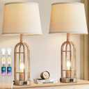 Table Lamps for Living Room End Table Set of 2 - Rustic Farmhouse Bedside Lamps for Bedroom Nightstand with Nightlight and USB A+C, 4 Bulbs Included (Button Switch - Wood)