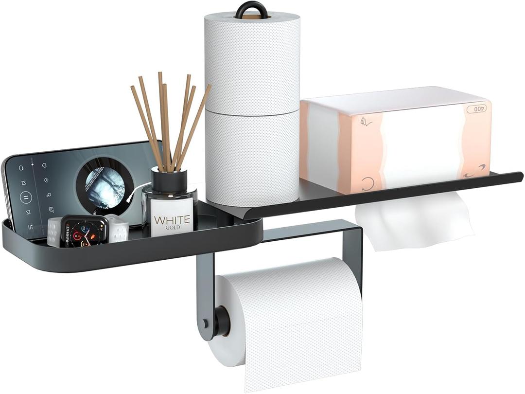 Toilet Paper Holder Wall Mount Metal Paper Towel Holder with Shelf Swivel Tissue Holder for Bathroom Kitchen Garage Roll Holder Standing Horizontal Hanging Paper Towel Rack Phone Storage Matte Black