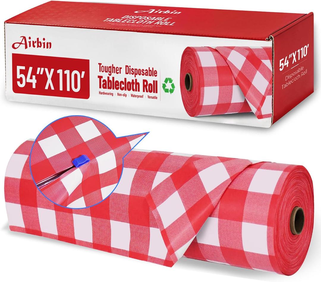 Plastic Table Cloth, 110 Ft X 54 in Disposable Tablecloth Red and White Checkered Tablecloth with Any Cut Sliding Cutters Premium PEVA Plastic Table Cloth Disposable for Picnic, Parties, Festivals
