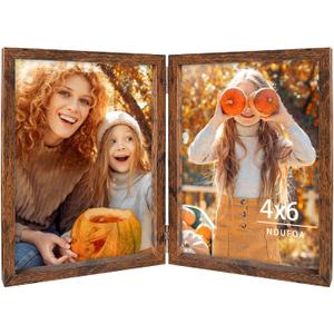 4x6 Double Picture Frames Vertical Hinged Wood Bifold Photo Frame for Tabletop Display, Brown