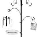 Bird Feeding Station, 90.55in 6-Hook Wild Bird Feeder Stand Pole with Water & Mesh Tray Humming Bird Feeders for Outdoors Easy Assembly for Courtyards Gardens (Black)