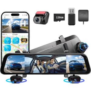 12" 4K Mirror Dash Cam with STARVIS 2 Sensor,View Rear Mirror Camera Fron and Rear Inside,Built-in 5.8G WiFi GPS, APP Control,Back up Camera for Cars,8 IR Night Vision Free 128G