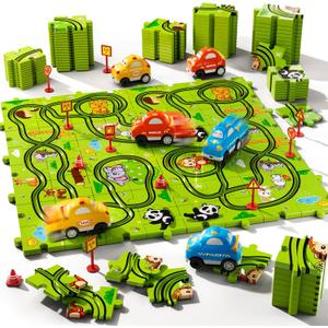 Beby Buty 64PCS Puzzle Race Track Car Set for Kids Boys, Floor Puzzle Tracks Car Toys for Boys Girls Ages 3-5 4-6, Toddler Toys Gifts for 3 4 5 Year Old, Ideal 3 4 5 6 Year Old Birthday Gifts