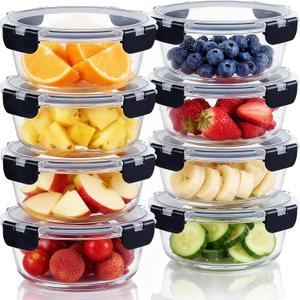 8 Pack Glass Meal Prep Containers, 32oz Round Food Storage Containers with Lids, Leak-Proof Meal Prep Bowls, Glass Food Container for Lunch, Microwave, Dishwasher, Freezer Safe, Black