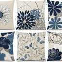 COMMINY Blue White Pillow Covers 16x16 Set of 6, Daisy Dahlia Throw Pillow Cover, Beige Pillowcase, Modern Couch Pillow Cover for Sofa Living Room Farmhouse Home Decor