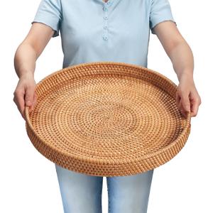 Rattan Serving Tray, Wicker Round Fruit/Bread Serving Basket, Extra Large Decorative Ottoman Tray for Living Room, Coffee Table, Breakfast, 16.9 inch