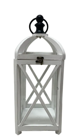 21" Vintage Distressed White Metal Lantern, Glass Paneled Hanging Candle Lantern, Rustic Farmhouse Decor for Indoor & Outdoor Patio, Garden, Wedding & Entryway Display