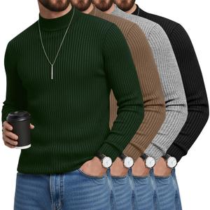 4 Pack Men's Mock Turtleneck T-Shirts Cotton Ribbed Knitted Long Sleeve Pullover Slim Fit Casual Basic Sweaters(Dark Green, Coffee, Gray, Black,Large) (Black, L)