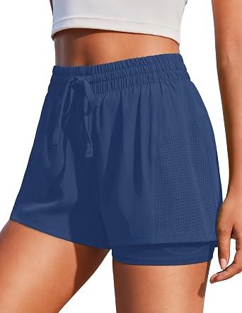 PINSPARK Women's 2 in 1 Running Shorts with Liner Pockets Quick Dry Athletic Workout Gym Shorts, Blue, XL